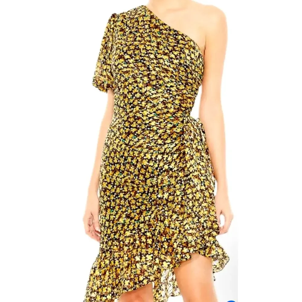Mac Duggal Black Floral Print Draped One Sleeve Ruffled Hem Dress size 2